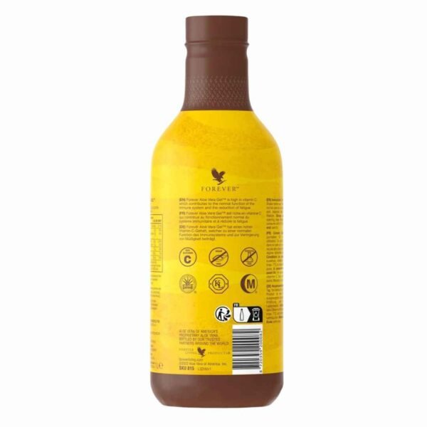 Parte posterior de la botella de Forever Aloe Vera Gel con su información nutricional