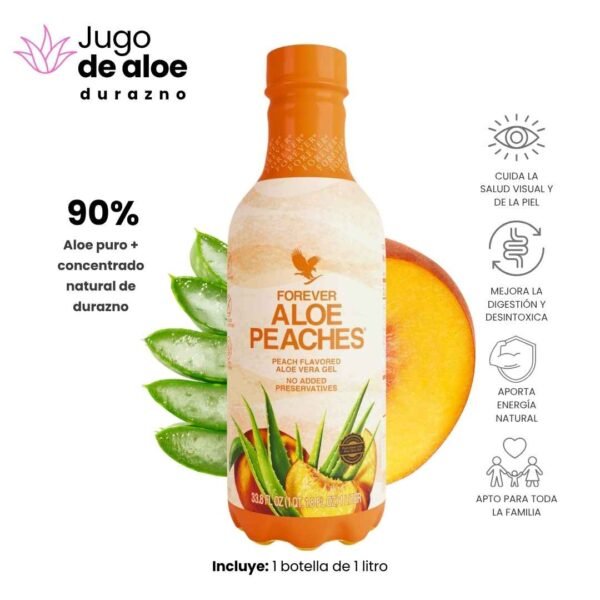 Forever Aloe Peaches: 90 % de aloe puro con concentrado natural de durazno