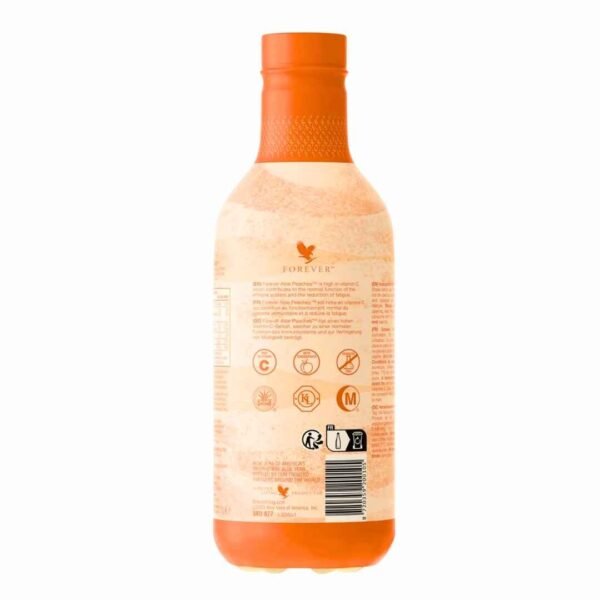 Parte posterior de la botella de Forever Aloe Peaches con su información nutricional