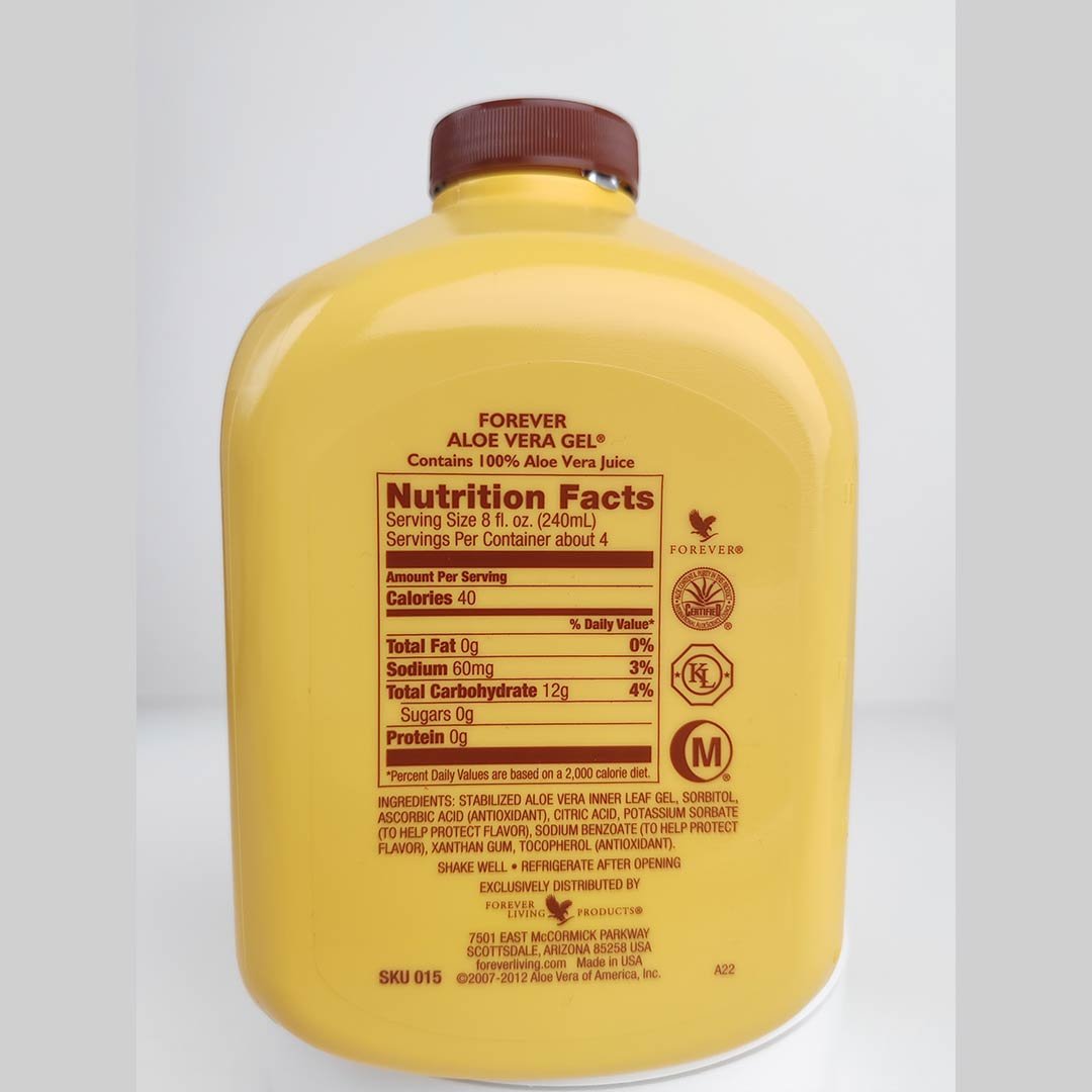 Etiqueta nutricional de la botella de Forever Aloe Vera Gel de 1 litro
