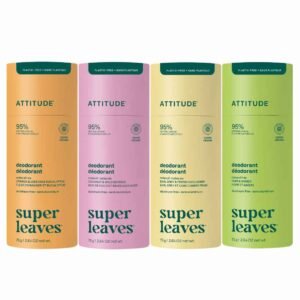 Cuatro desodorantes ATTITUDE Super Leaves en envase de cartón sin plástico