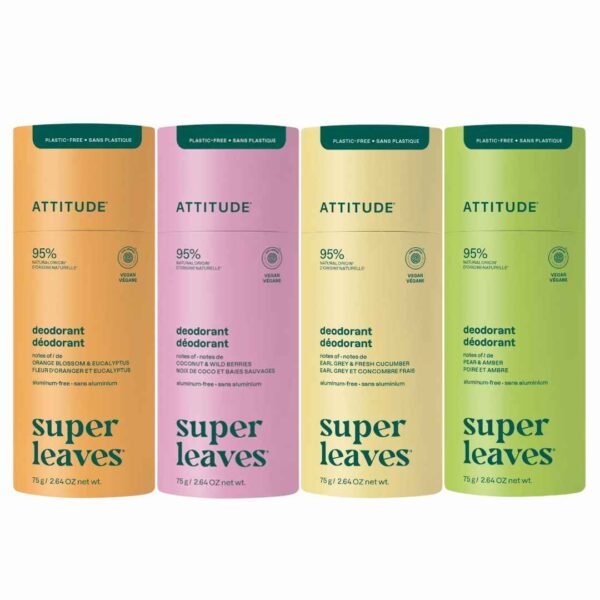 Cuatro desodorantes ATTITUDE Super Leaves en envase de cartón sin plástico