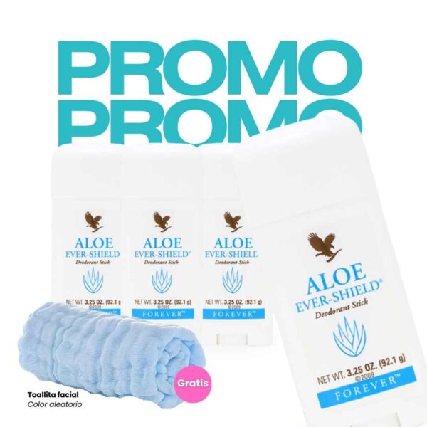 Pack x4 de desodorante Aloe Ever-Shield de Forever con toallita facial de regalo