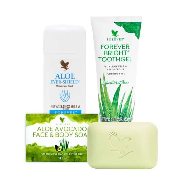 Pack natural de Forever: desodorante Ever-Shield, pasta dental Forever Bright y jabón de palta