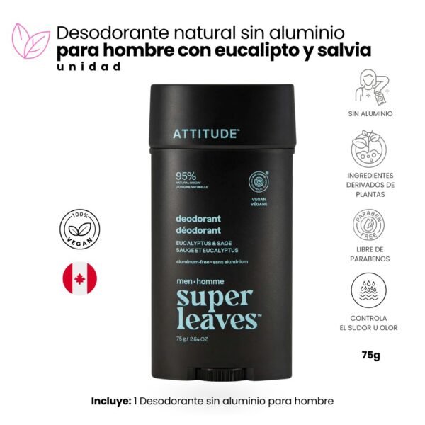 Desodorante natural para hombre ATTITUDE Super Leaves eucalipto y salvia sin aluminio