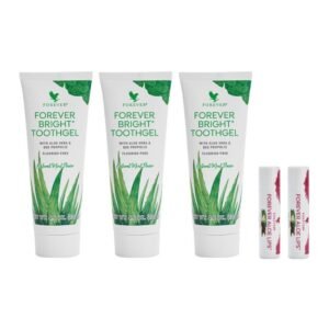 Pack x5 Sonrisa Natural: 3 pastas Forever Bright sin flúor y 2 Aloe Lips