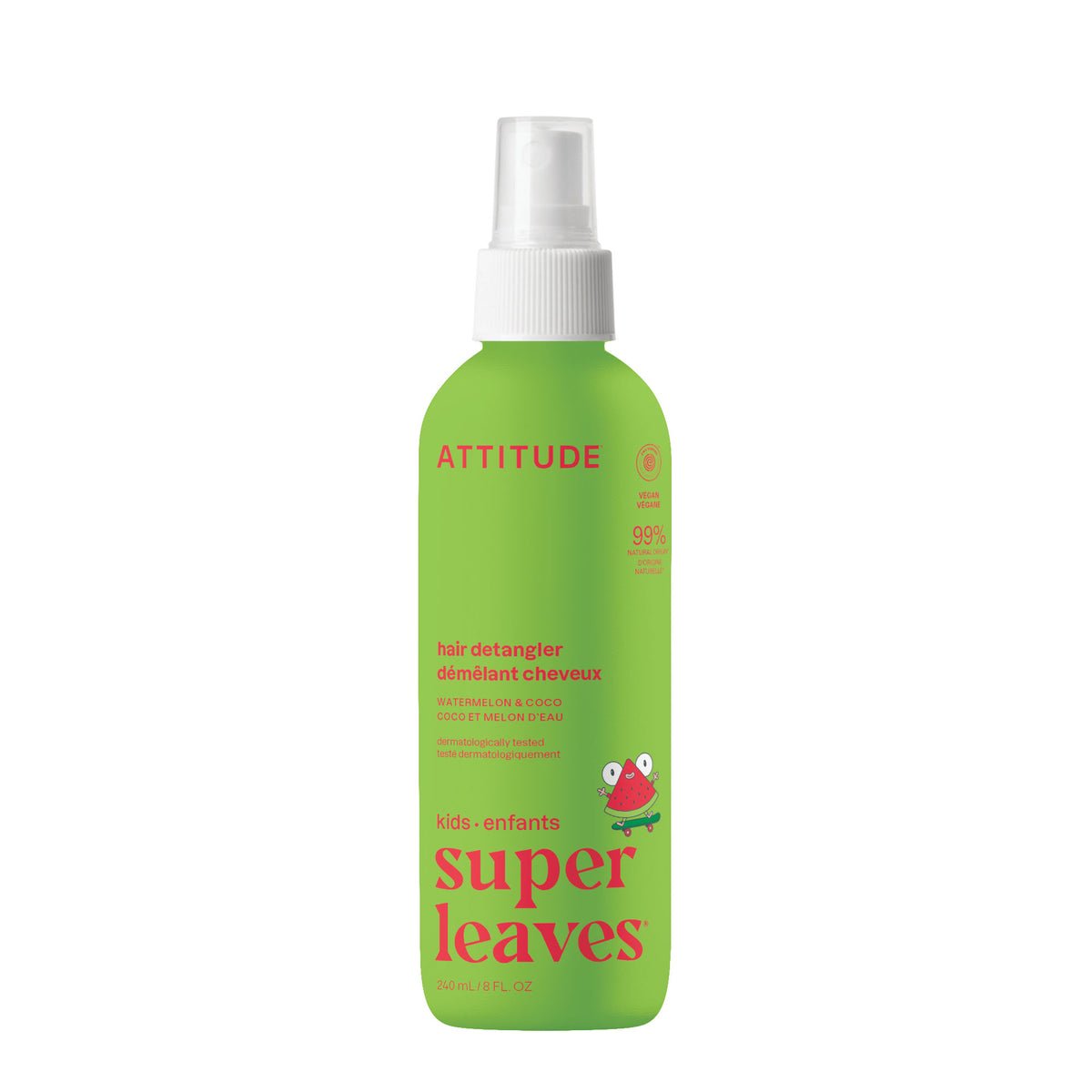 Spray desenredante para niños ATTITUDE Super Leaves de sandía y coco, botella verde con atomizador