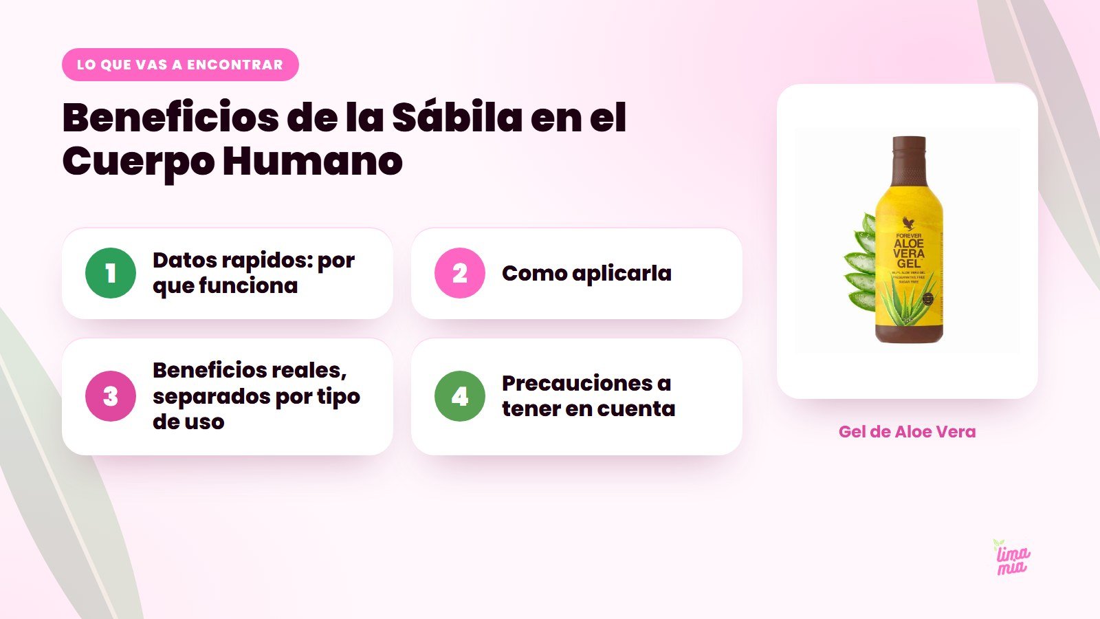 Lo que vas a encontrar en «Beneficios de la Sábila en el Cuerpo Humano»: Datos rapidos: por que funciona, Como aplicarla, Beneficios reales, separados por tipo de uso, Precauciones a tener en cuenta
