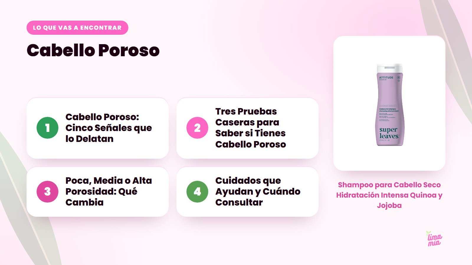 Lo que vas a encontrar en «Cabello Poroso»: Cabello Poroso: Cinco Señales que lo Delatan, Tres Pruebas Caseras para Saber si Tienes Cabello Poroso, Poca, Media o Alta Porosidad: Qué Cambia, Cuidados que Ayudan y Cuándo Consultar