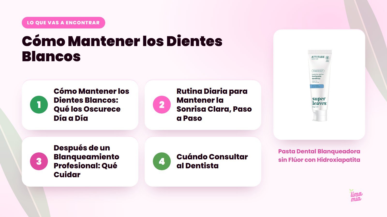 Lo que vas a encontrar en «Cómo Mantener los Dientes Blancos»: Cómo Mantener los Dientes Blancos: Qué los Oscurece Día a Día, Rutina Diaria para Mantener la Sonrisa Clara, Paso a Paso, Después de un Blanqueamiento Profesional: Qué Cuidar, C