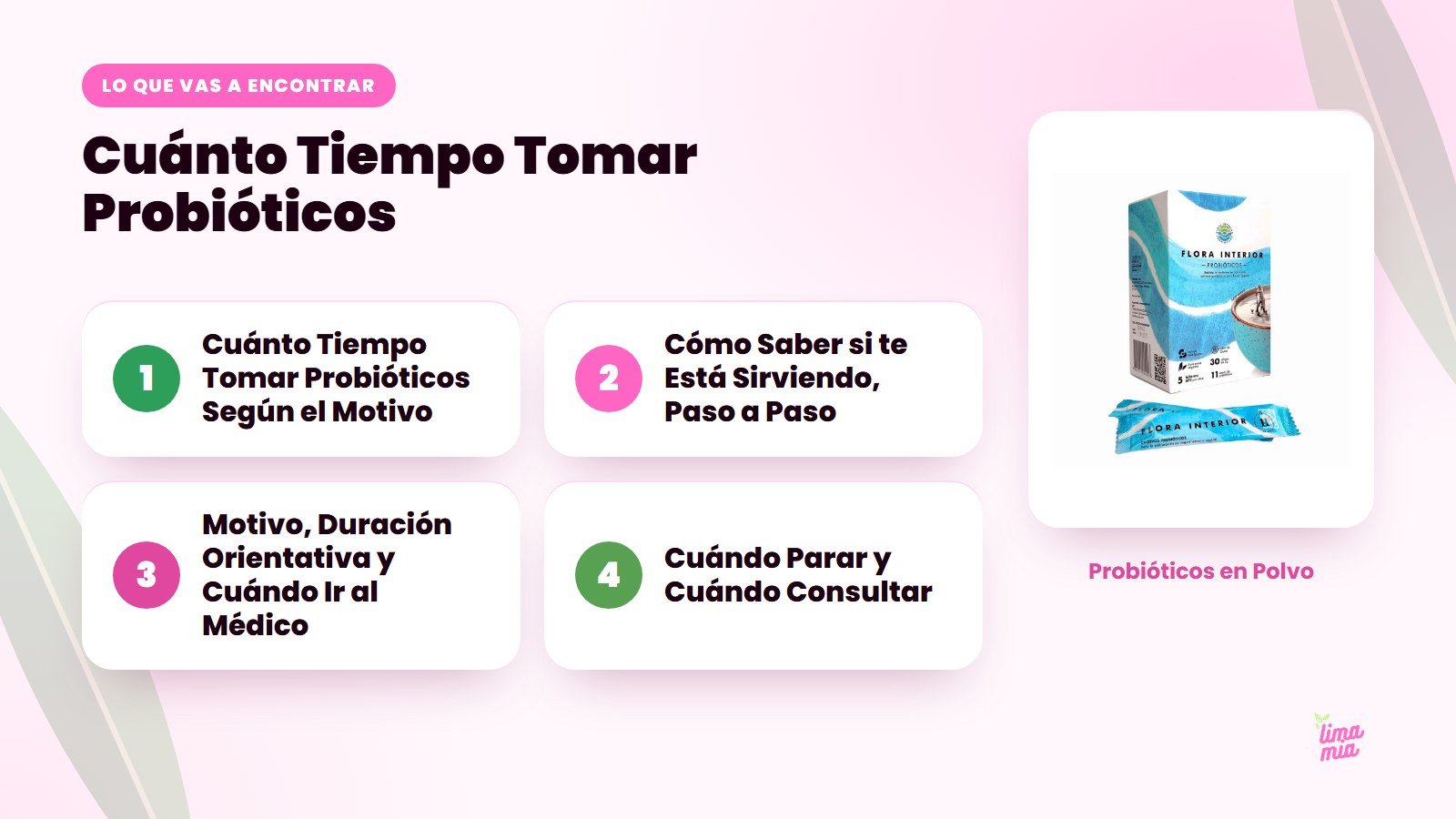 Lo que vas a encontrar en «Cuánto Tiempo Tomar Probióticos»: Cuánto Tiempo Tomar Probióticos Según el Motivo, Cómo Saber si te Está Sirviendo, Paso a Paso, Motivo, Duración Orientativa y Cuándo Ir al Médico, Cuándo Parar y Cuándo Consultar