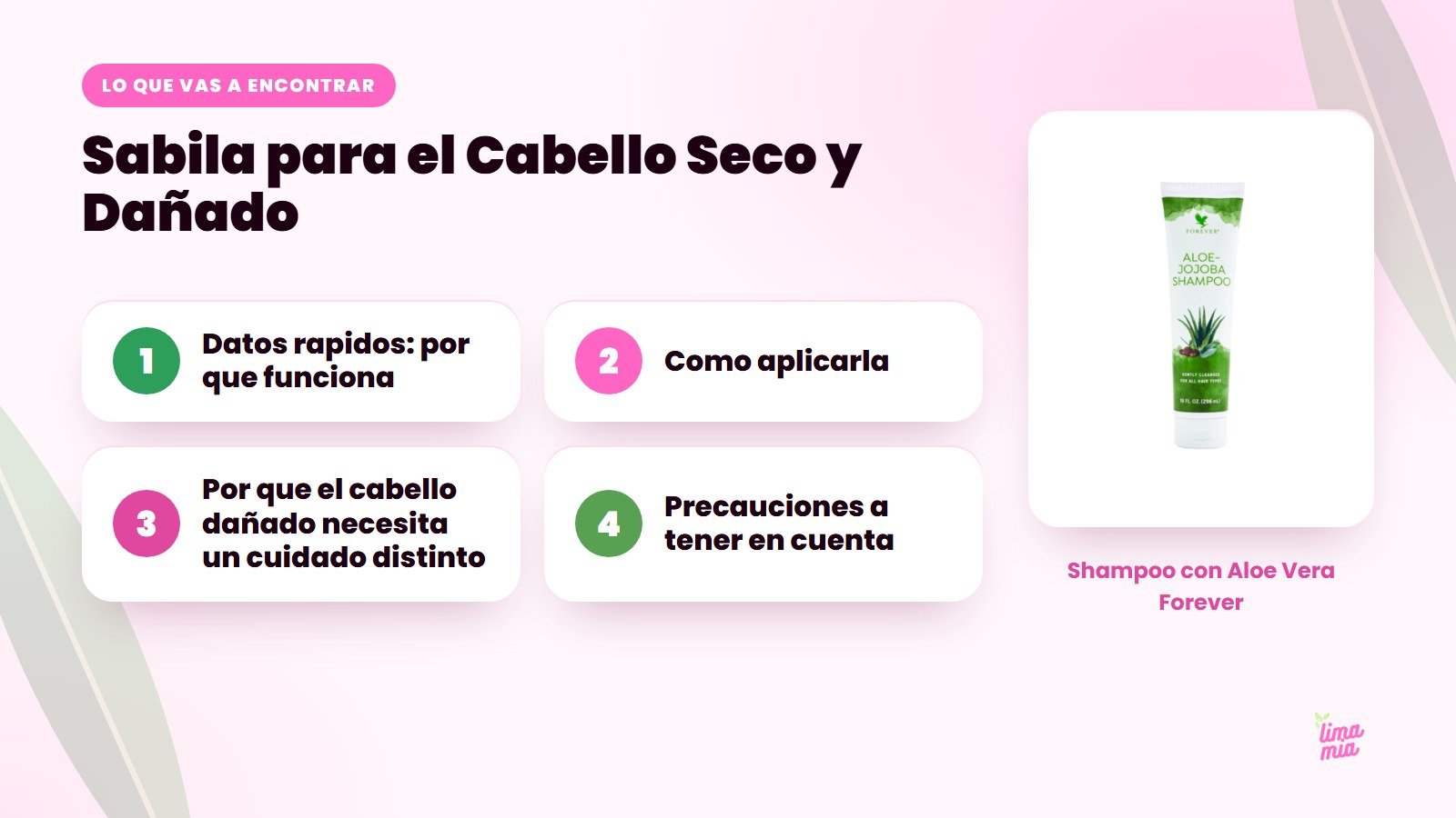 Lo que vas a encontrar en «Sabila para el Cabello Seco y Dañado»: Datos rapidos: por que funciona, Como aplicarla, Por que el cabello dañado necesita un cuidado distinto, Precauciones a tener en cuenta