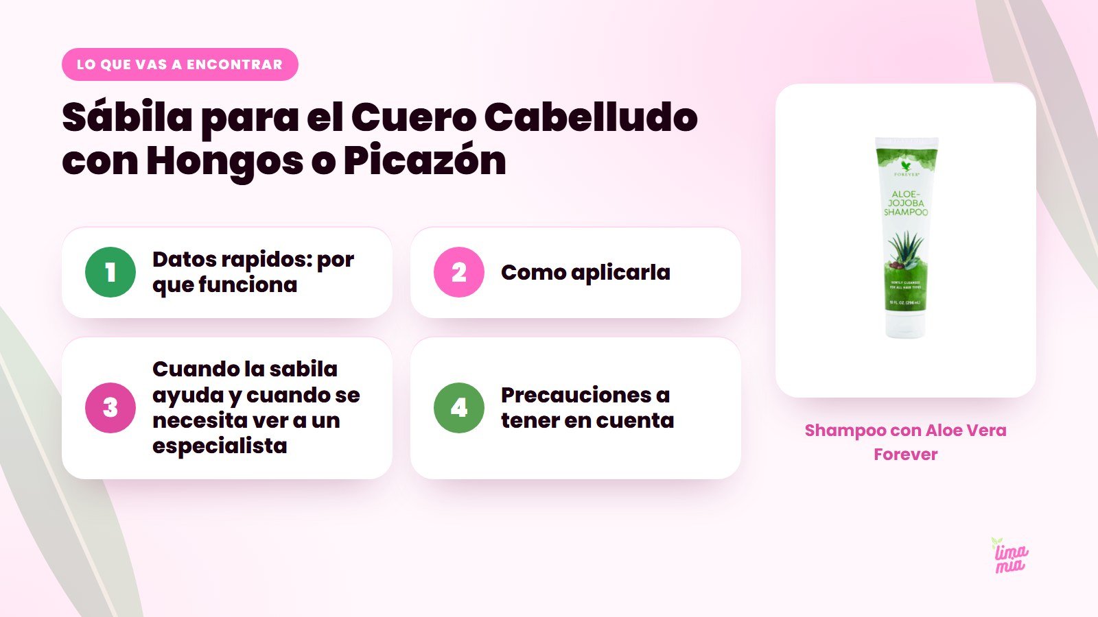 Lo que vas a encontrar en «Sábila para el Cuero Cabelludo con Hongos o Picazón»: Datos rapidos: por que funciona, Como aplicarla, Cuando la sabila ayuda y cuando se necesita ver a un especialista, Precauciones a tener en cuenta