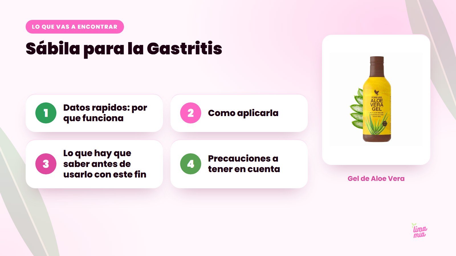 Lo que vas a encontrar en «Sábila para la Gastritis»: Datos rapidos: por que funciona, Como aplicarla, Lo que hay que saber antes de usarlo con este fin, Precauciones a tener en cuenta