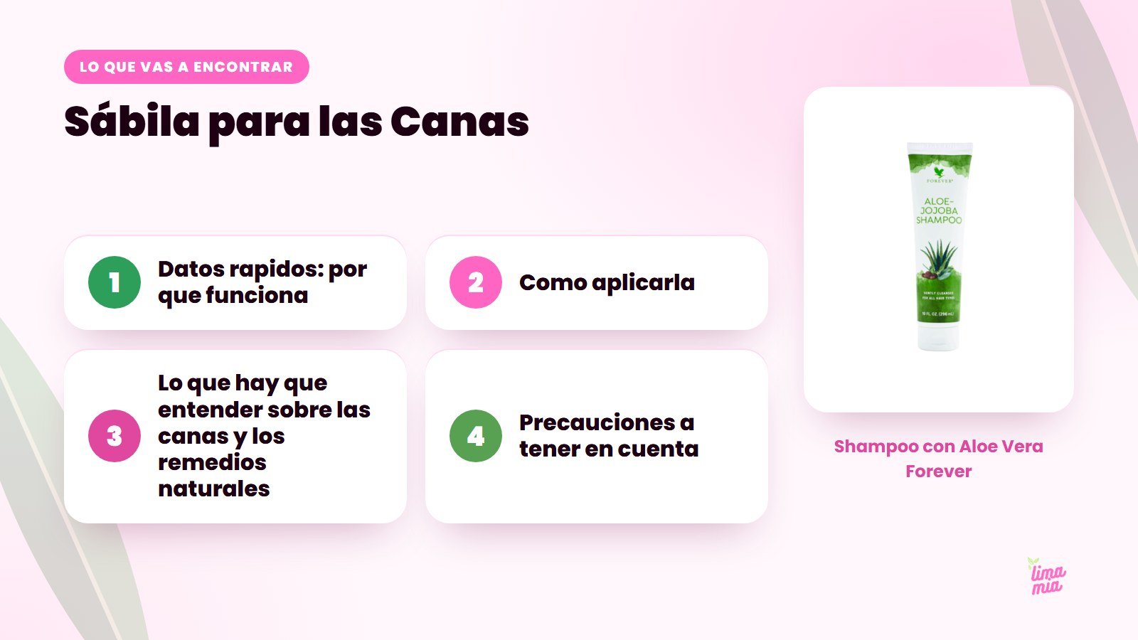 Lo que vas a encontrar en «Sábila para las Canas»: Datos rapidos: por que funciona, Como aplicarla, Lo que hay que entender sobre las canas y los remedios naturales, Precauciones a tener en cuenta