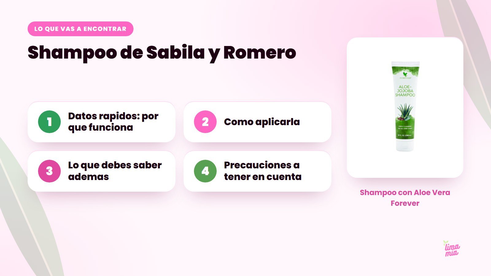 Lo que vas a encontrar en «Shampoo de Sabila y Romero»: Datos rapidos: por que funciona, Como aplicarla, Lo que debes saber ademas, Precauciones a tener en cuenta