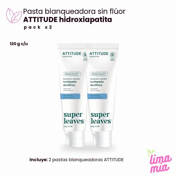 Pack x2 de pasta dental blanqueadora sin flúor: 2 pastas blanqueadoras ATTITUDE