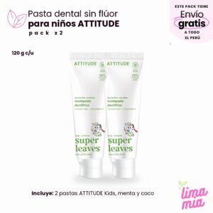 Pack x2 de pasta dental sin flúor para niños: 2 pastas ATTITUDE Kids, menta y coco