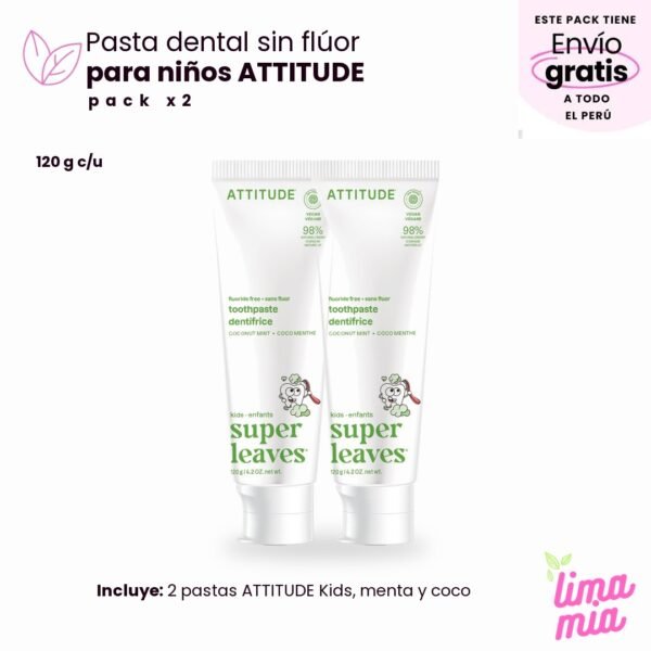 Pack x2 de pasta dental sin flúor para niños: 2 pastas ATTITUDE Kids, menta y coco