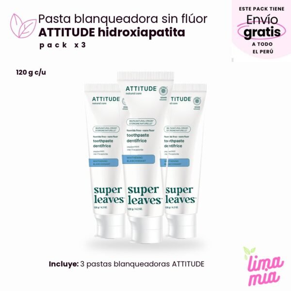 Pack x3 de pasta dental blanqueadora sin flúor: 3 pastas blanqueadoras ATTITUDE