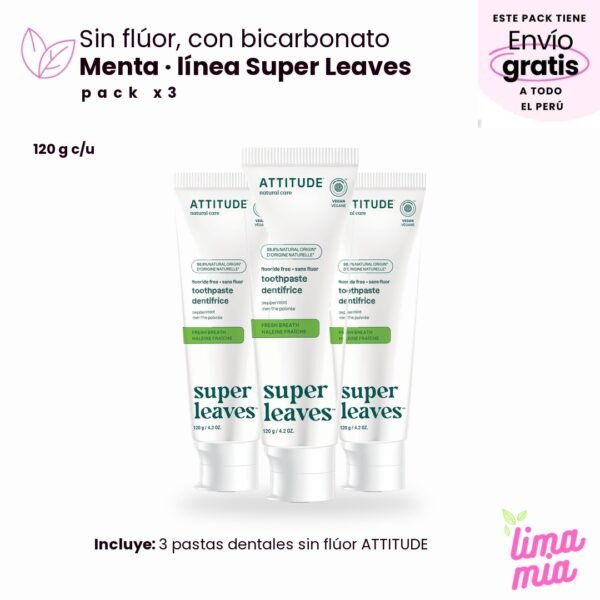 Pack x3 de pasta dental sin flúor para adultos: 3 pastas dentales sin flúor ATTITUDE