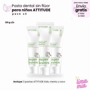 Pack x3 de pasta dental sin flúor para niños: 3 pastas ATTITUDE Kids, menta y coco