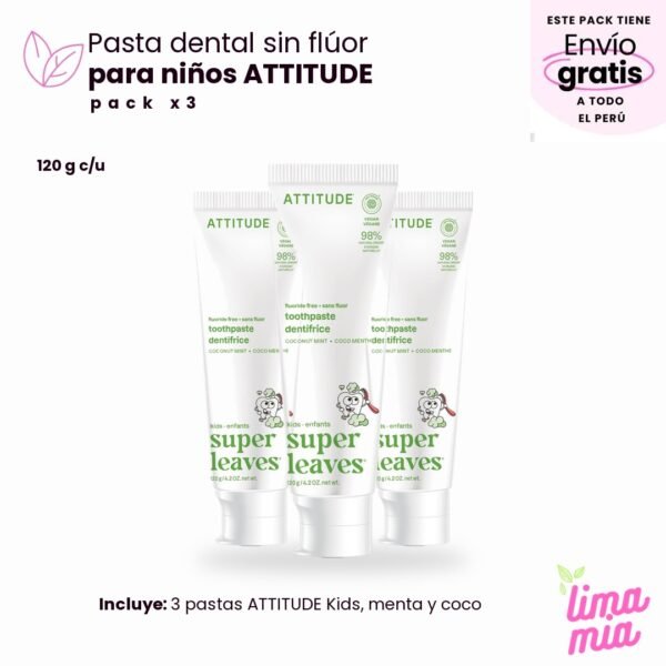 Pack x3 de pasta dental sin flúor para niños: 3 pastas ATTITUDE Kids, menta y coco