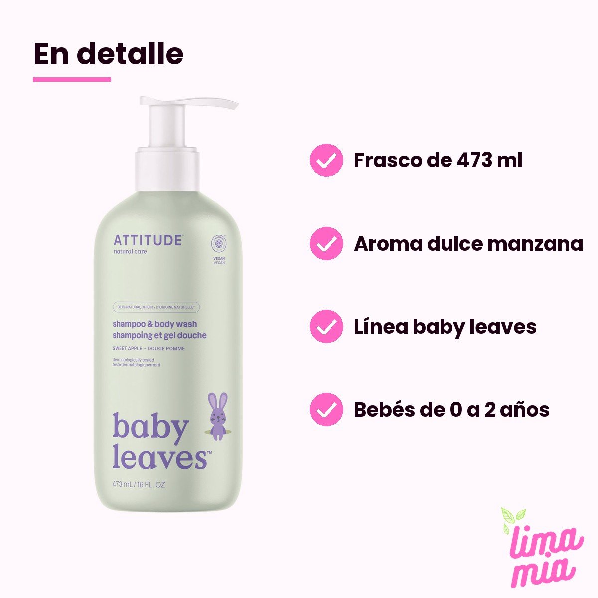 Shampoo para Bebé de Manzana y Gel de Baño 2 en 1: en detalle (frasco de 473 ml, aroma dulce manzana, línea baby leaves, bebés de 0 a 2 años)