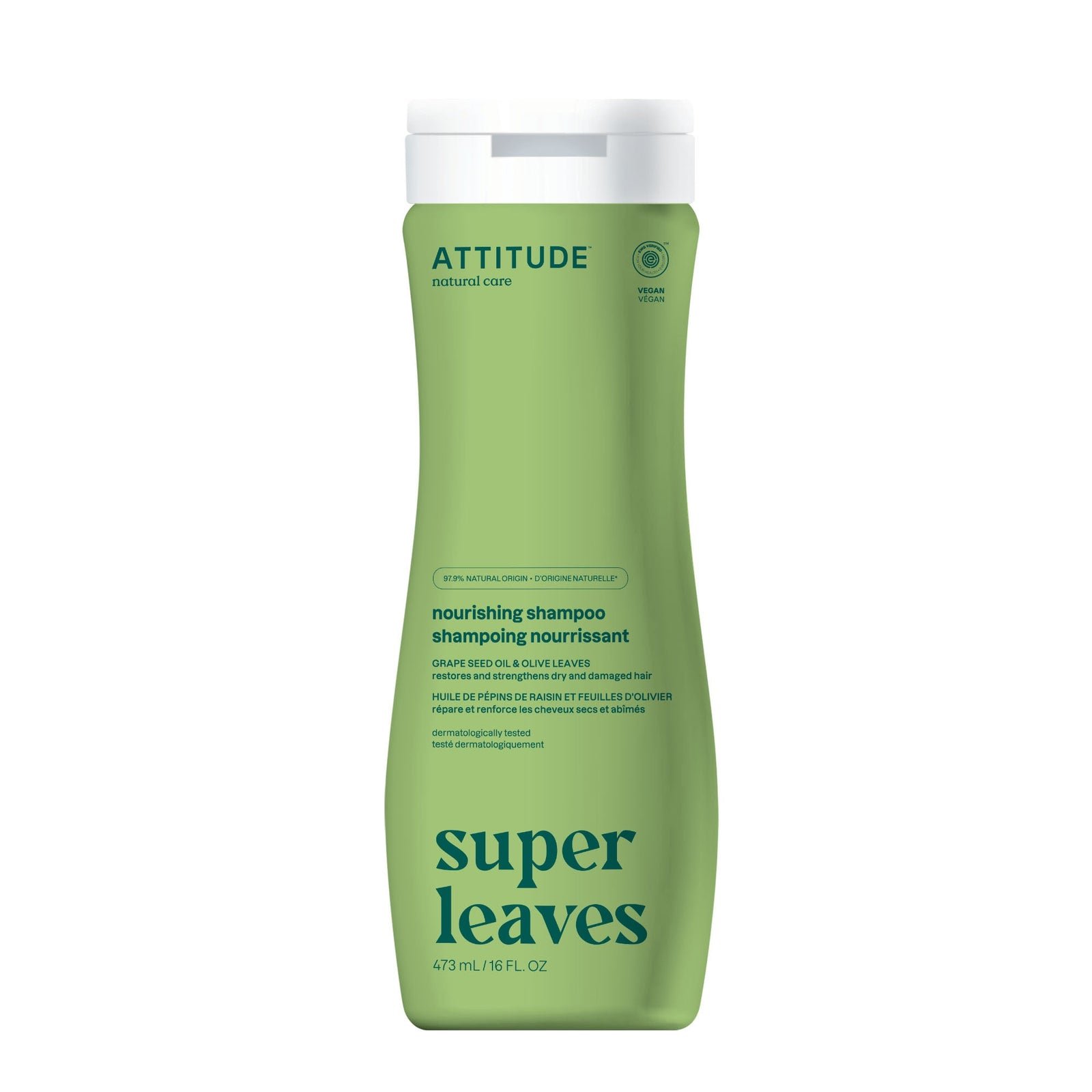 Shampoo para cabello dañado ATTITUDE hojas de olivo y aceite de uva, 473 ml