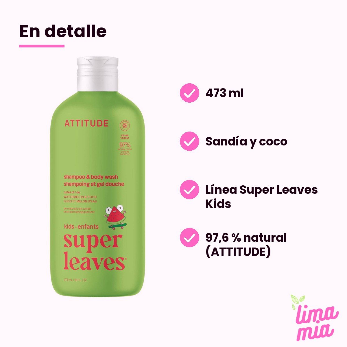 Shampoo para Niños de Sandía y Coco 2 en 1: en detalle (473 ml, sandía y coco, línea super leaves kids, 97,6 % natural (attitude))