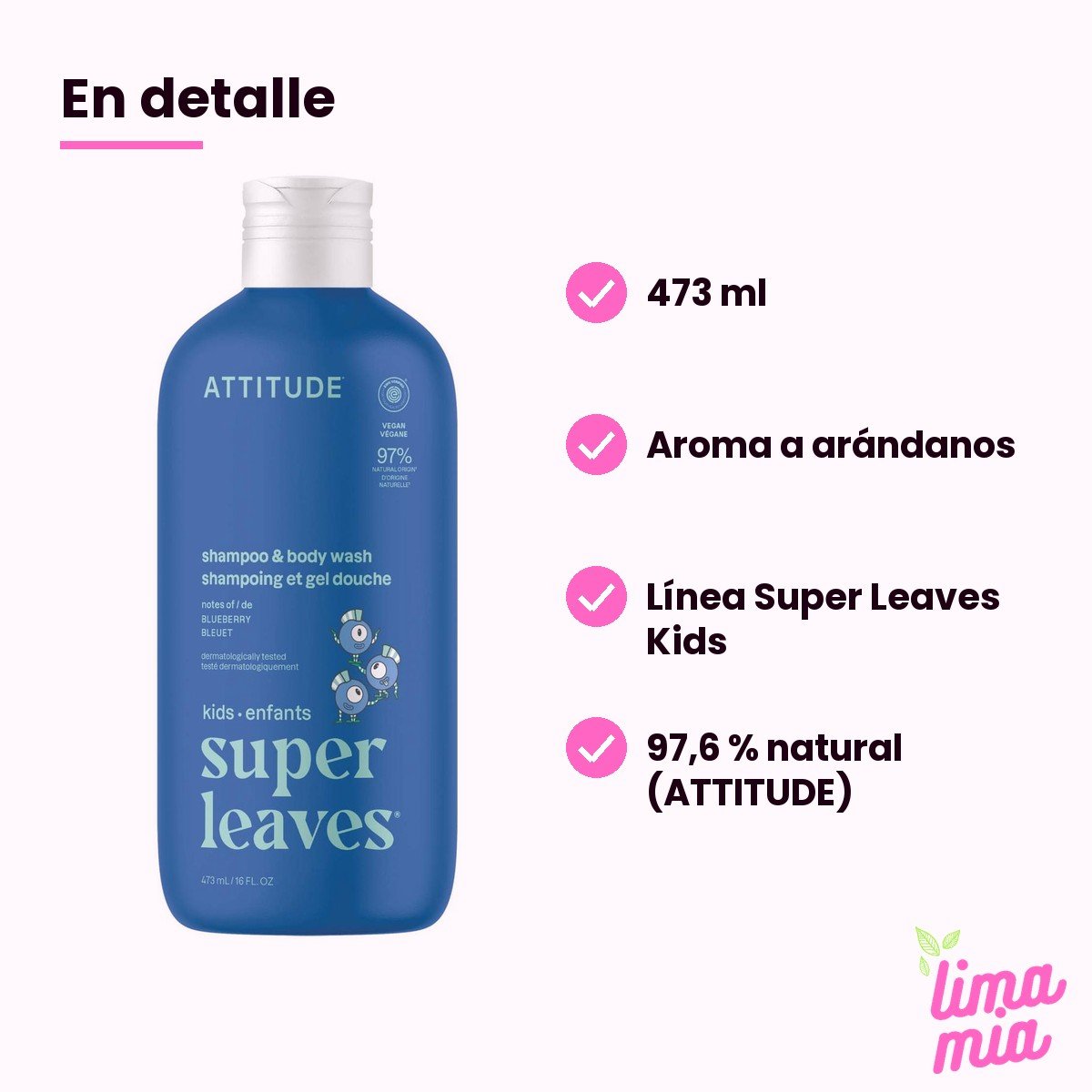 Shampoo para Niños y Gel de Baño 2 en 1 Arándanos: en detalle (473 ml, aroma a arándanos, línea super leaves kids, 97,6 % natural (attitude))